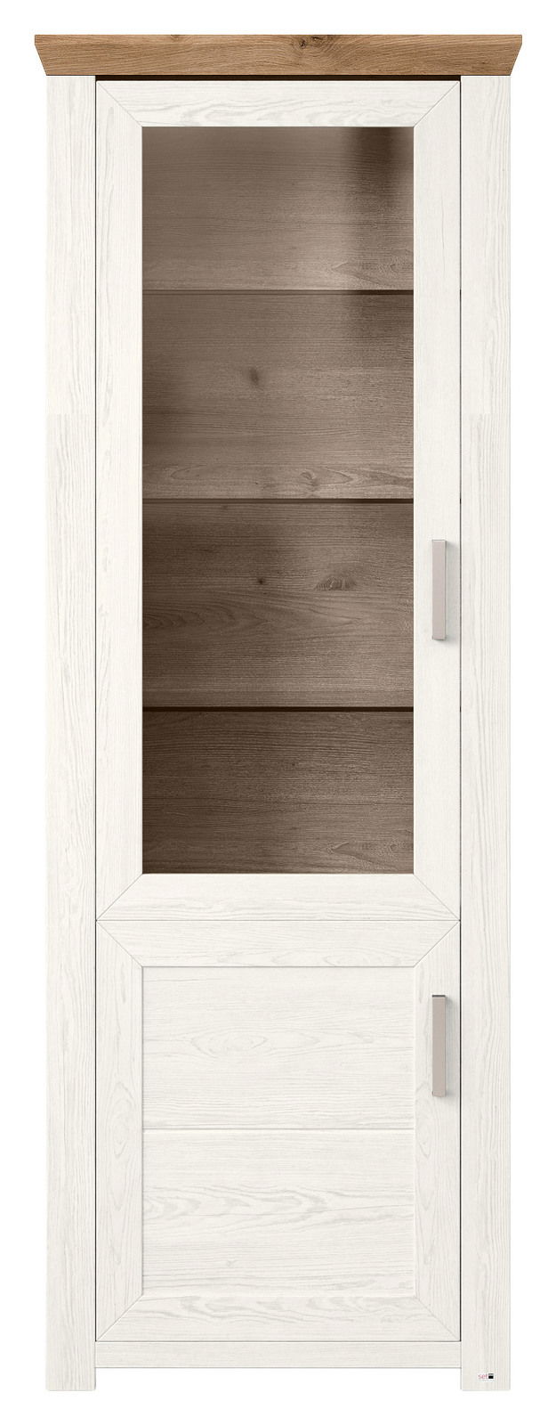 Vitrine aus Holz mit Glastür, weiße Rahmen und braune Rückwand, Frontalansicht