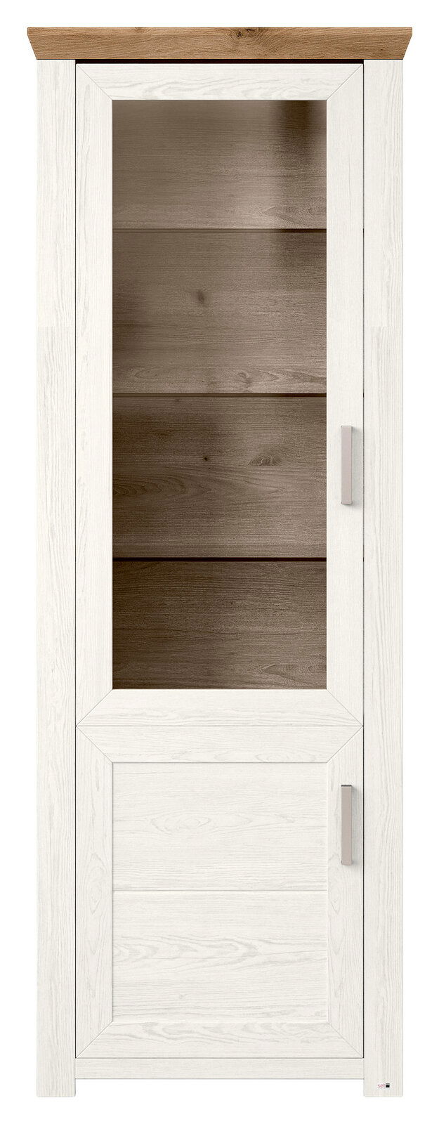 Vitrine aus Holz mit Glastür, weiße Rahmen und braune Rückwand, Frontalansicht