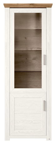 Vitrine aus Holz mit Glastür, weiße Rahmen und braune Rückwand, Frontalansicht