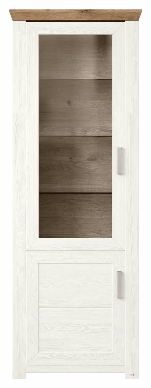 Vitrine aus Holz mit Glastür, weiße Rahmen und braune Rückwand, Frontalansicht