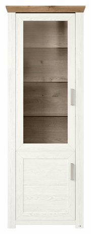 Vitrine aus Holz mit Glastür, weiße Rahmen und braune Rückwand, Frontalansicht