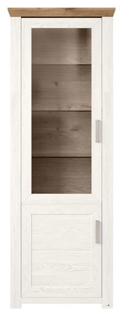 Vitrine aus Holz mit Glastür, weiße Rahmen und braune Rückwand, Frontalansicht