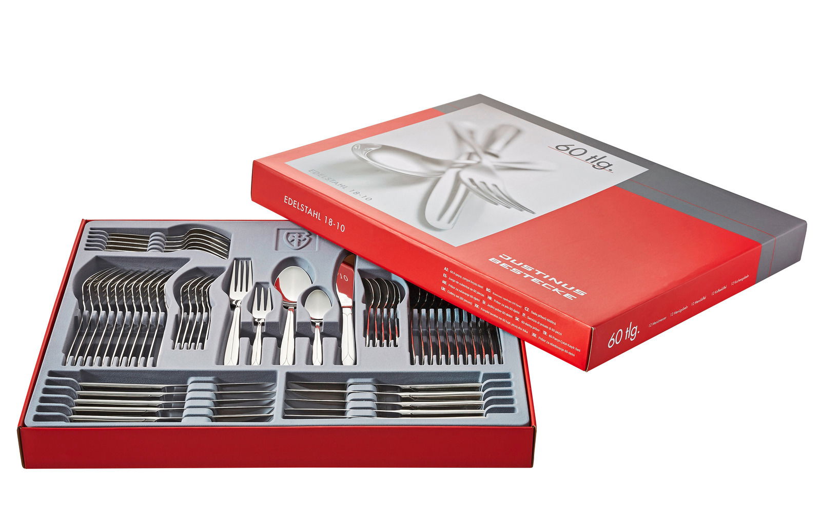 60-teiliges Besteckset aus Edelstahl in geöffneter Verpackung, Perspektive von oben.