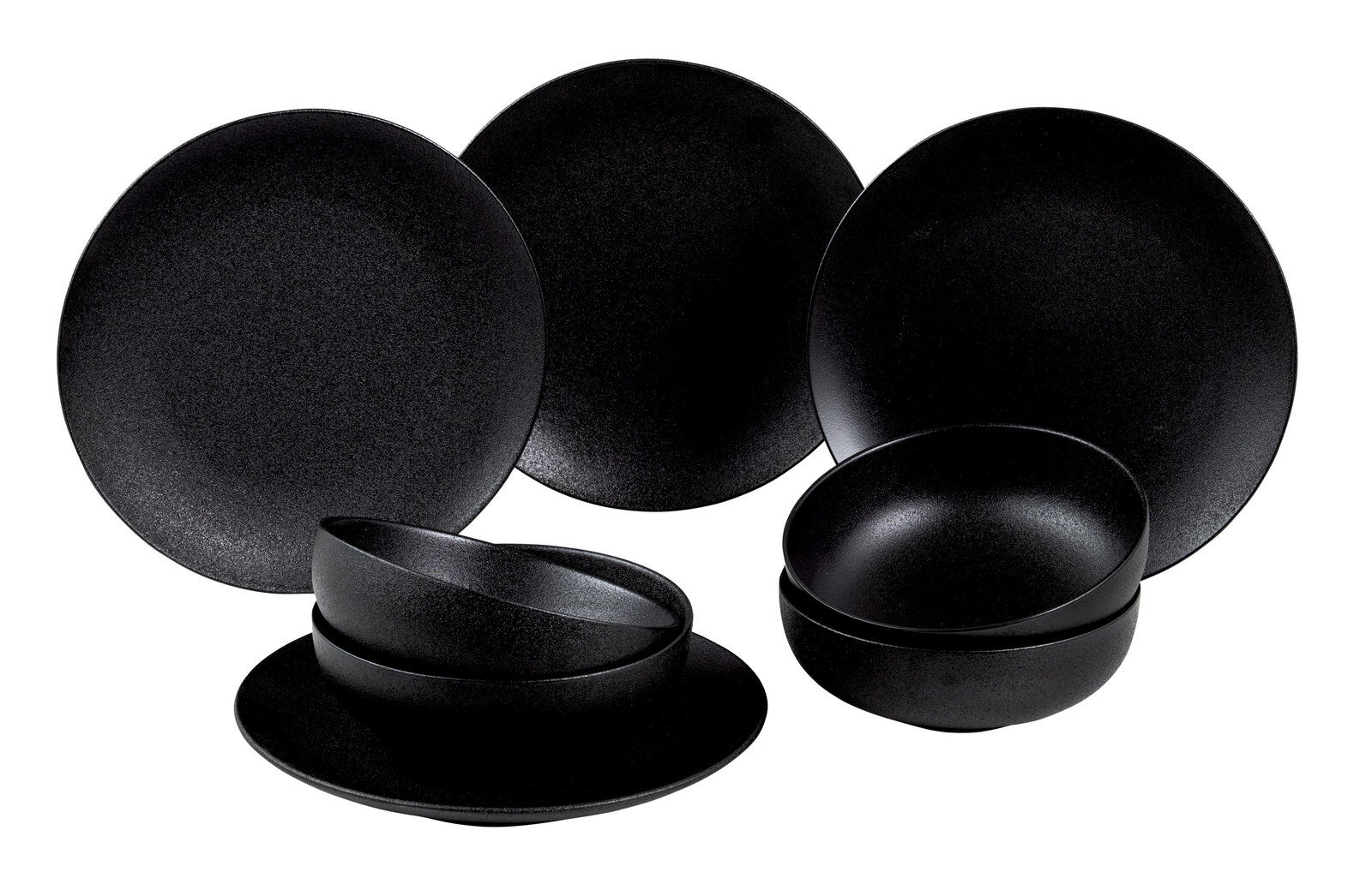 Schwarzes 8-teiliges Dinner-Set Caviar in einer frontalen Ansicht, bestehend aus Tellern und Schalen.