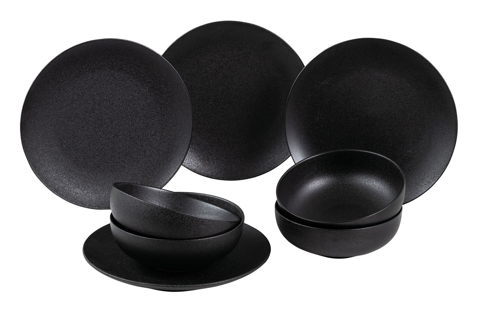 Schwarzes 8-teiliges Dinner-Set Caviar in einer frontalen Ansicht, bestehend aus Tellern und Schalen.
