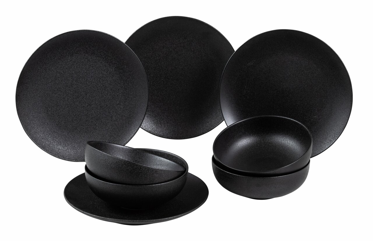 Schwarzes 8-teiliges Dinner-Set Caviar in einer frontalen Ansicht, bestehend aus Tellern und Schalen.