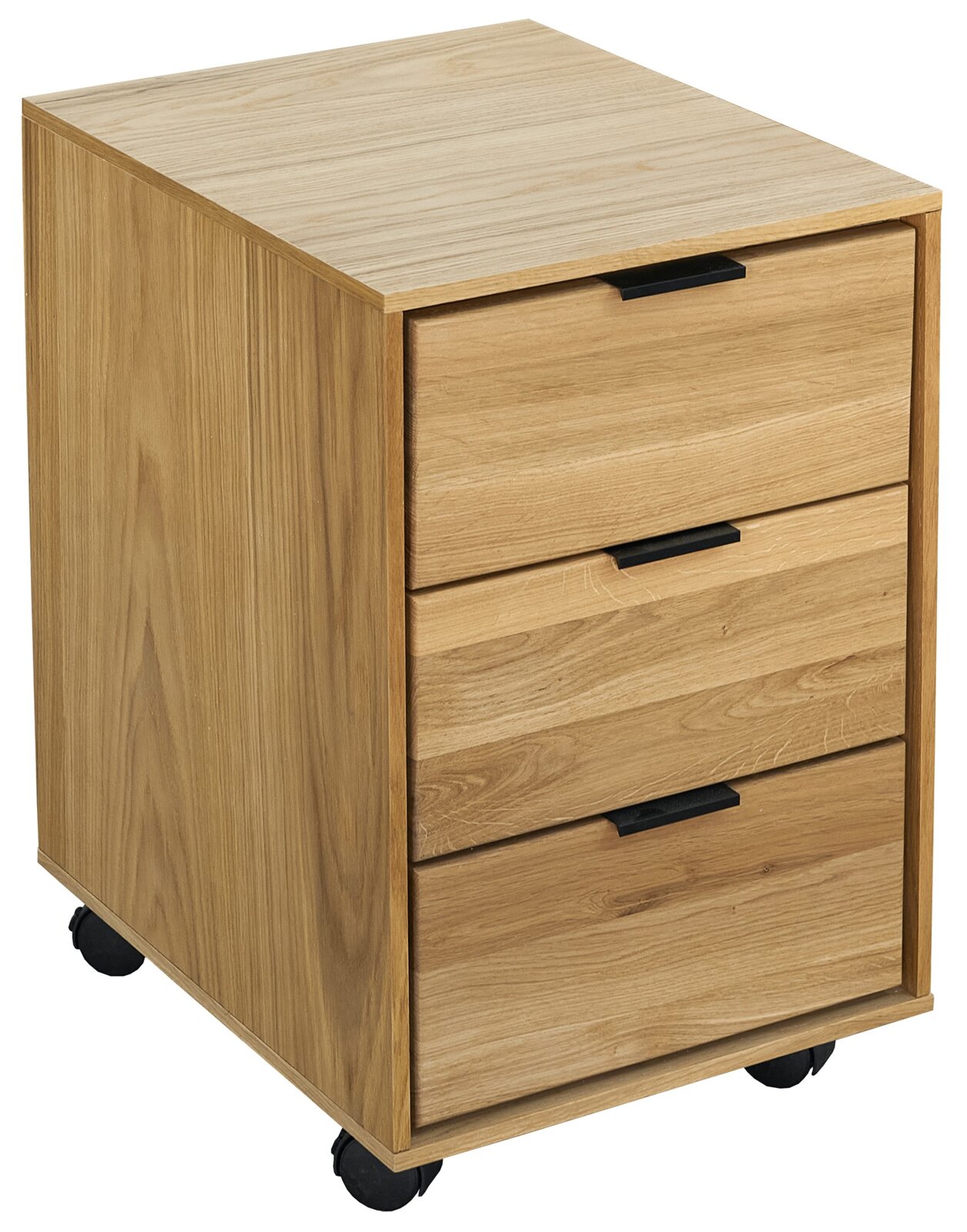 Linea Natura Rollcontainer DALLAS Rollcontainer aus hellem Holz mit drei Schubladen und schwarzen Griffen auf Rollen, freigestellt vor weißem Hintergrund, in schräger Front-Links-Perspektive von oben