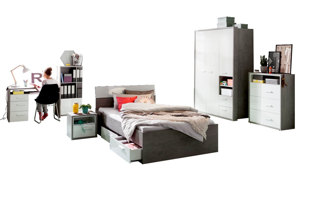 Moderne Schlafzimmermöbel mit Stauraumbett, Schreibtisch und Kleiderschrank in einem hellen Raum mit blauer Sternentapete, seitliche Perspektive.