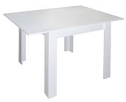 Weißer Esstisch aus Holz, perspektivisch von vorne links fotografiert.