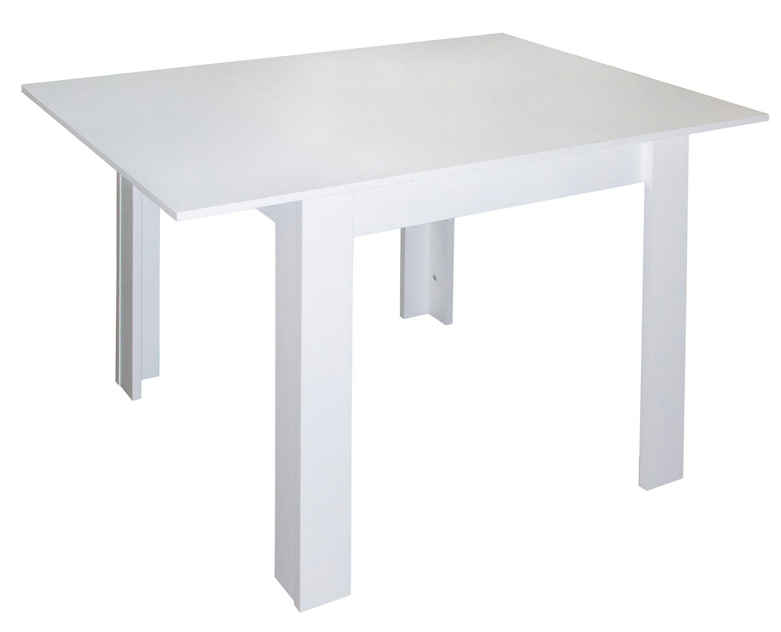 Weißer Esstisch aus Holz, perspektivisch von vorne links fotografiert.