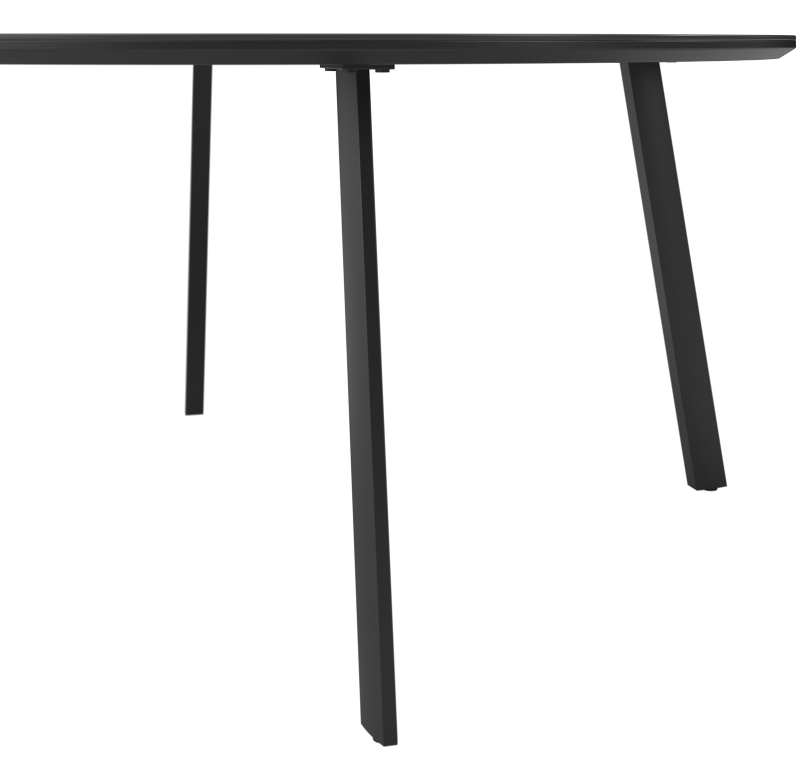 Moderner schwarzer Gartentisch mit schrägen Beinen, seitliche Perspektive