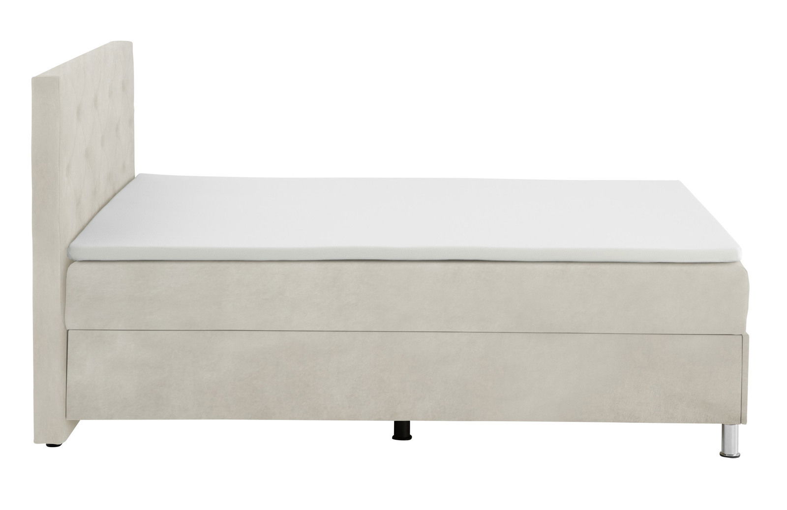 Seitliche Ansicht eines Boxbetts mit hellem Stoffbezug und gepolstertem Kopfteil.