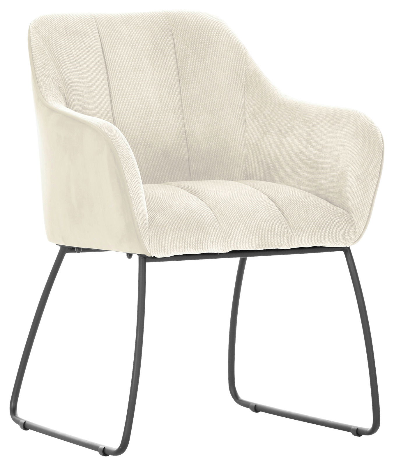 Moderner Armlehnstuhl LAILA in Cremefarbe mit geschwungenen Armlehnen und schwarzem Metallgestell, seitliche Perspektive.
