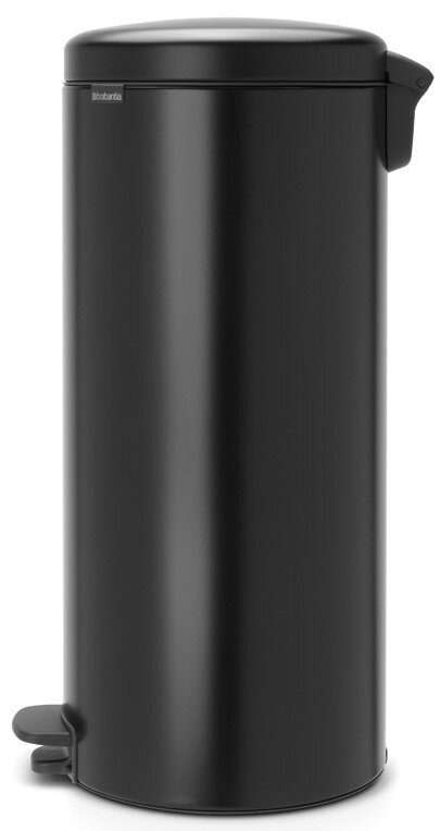 Schwarzer zylindrischer Treteimer aus Metall, seitliche Perspektive