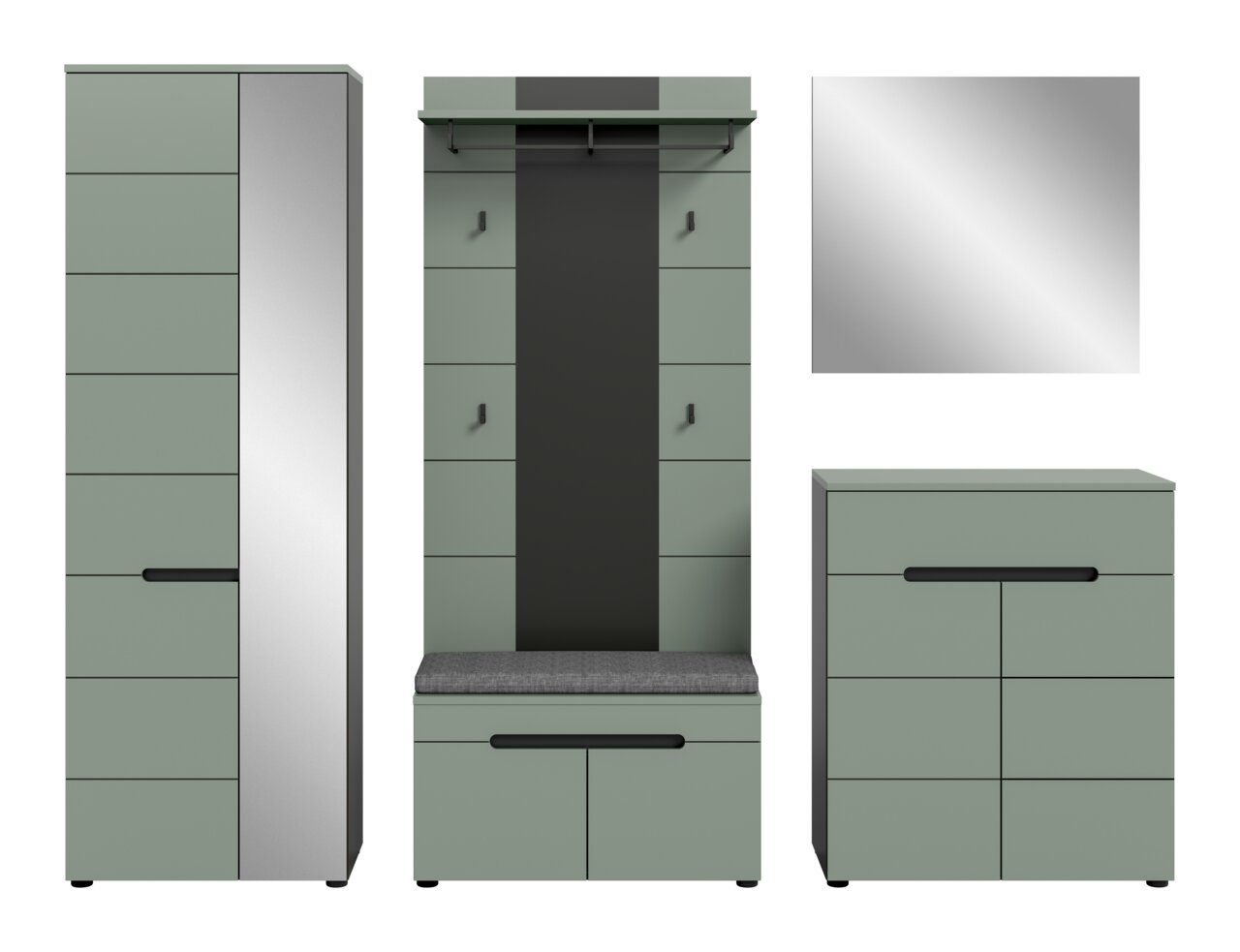 Moderne Garderobenmöbel in Salbeigrün und Anthrazit: hoher Schrank, Garderobenpaneel mit Ablage und Haken sowie Schuhbank mit Sitzkissen und Kommode, frontale Ansicht (mit zusätzlicher Detailansicht einer metallischen Oberfläche).