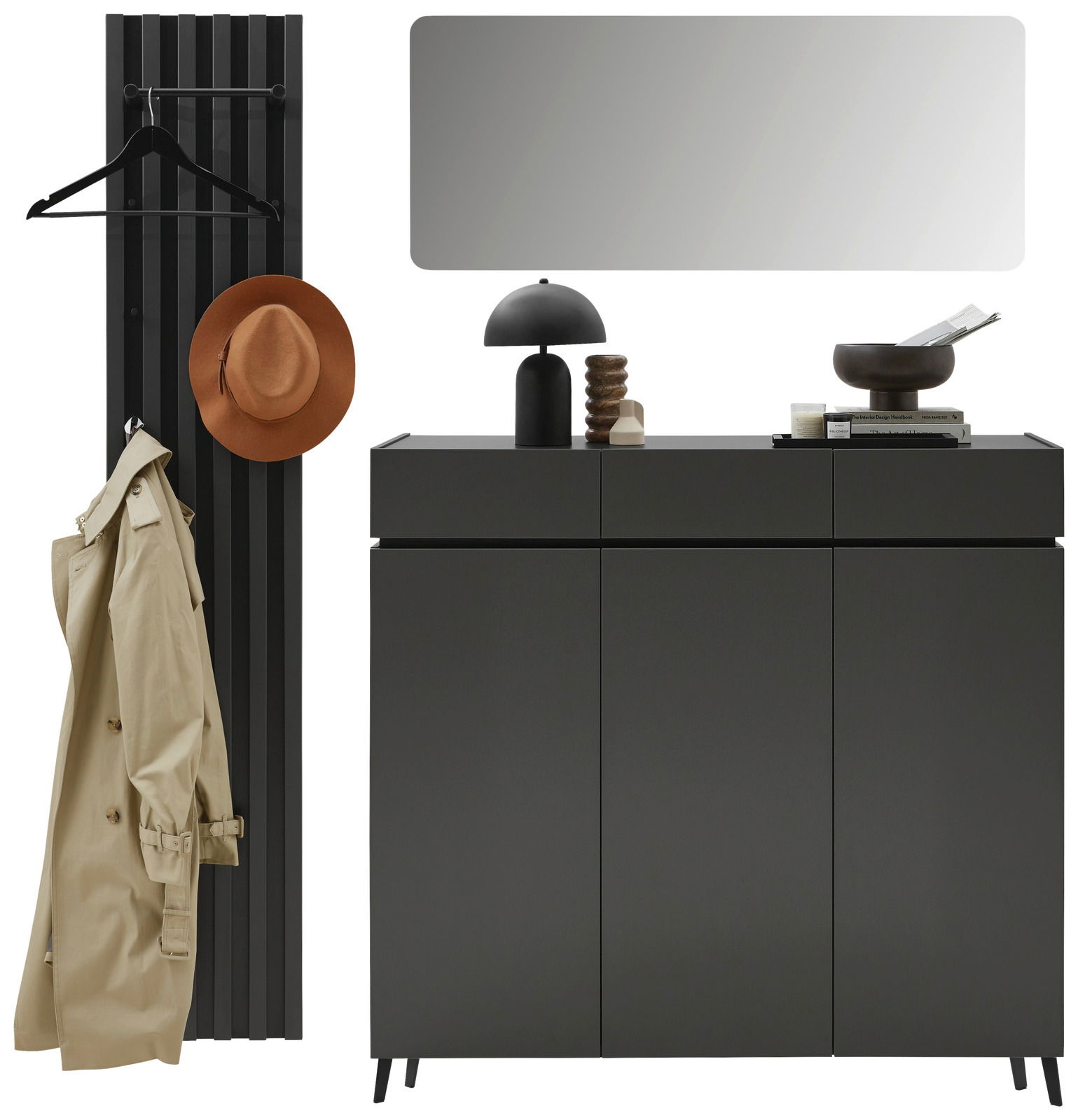 Garderoben-Set in Graphit mit Wandpaneel, Kleiderhaken, Spiegel und Kommode, frontal betrachtet.