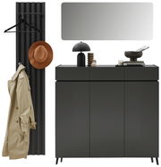 Garderoben-Set in Graphit mit Wandpaneel, Kleiderhaken, Spiegel und Kommode, frontal betrachtet.