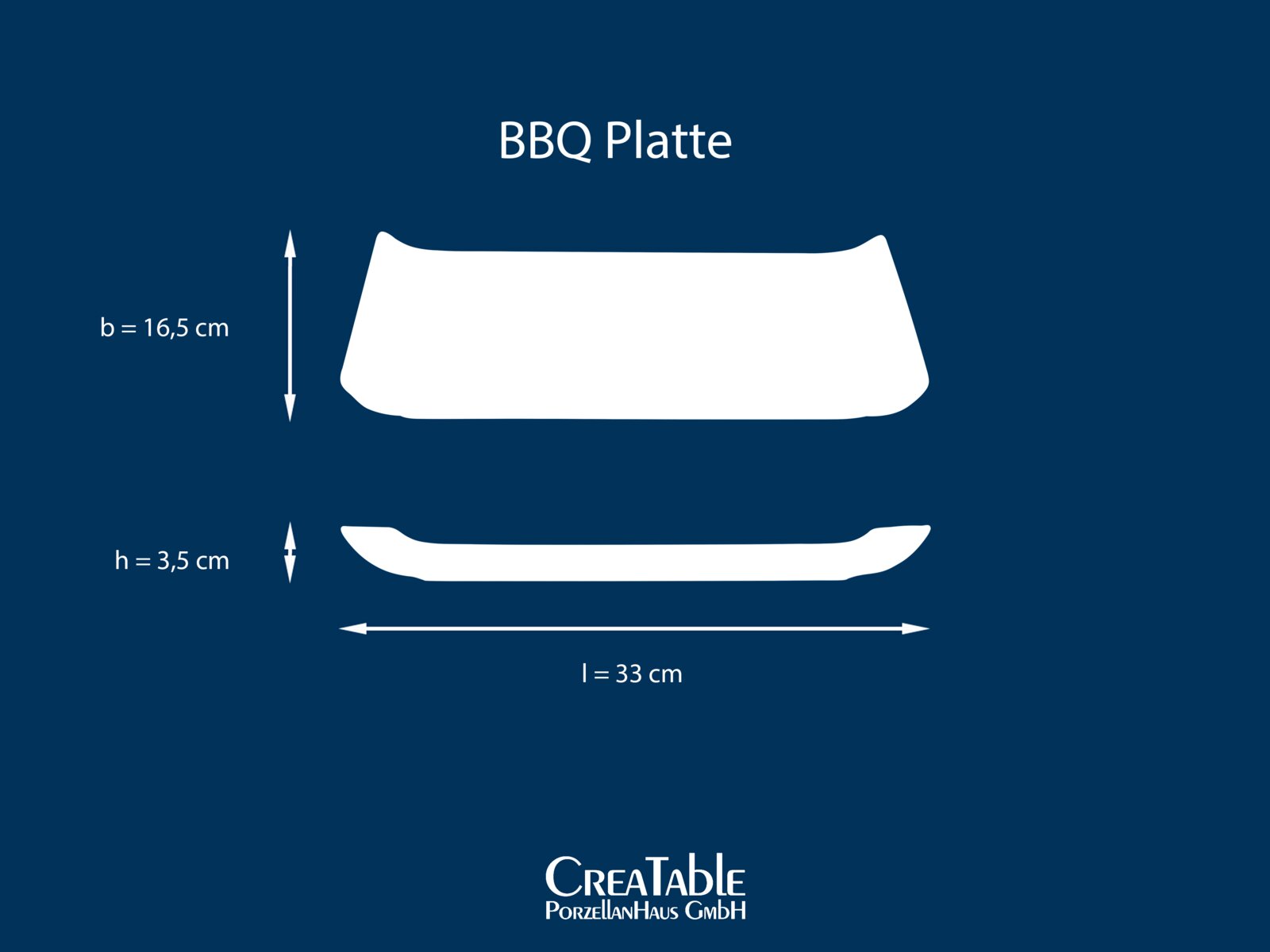 Weiße BBQ-Platte aus Porzellan mit Maßangaben (Länge 33 cm, Breite 16,5 cm, Höhe 3,5 cm), dargestellt als Silhouette in Draufsicht und Seitenansicht.