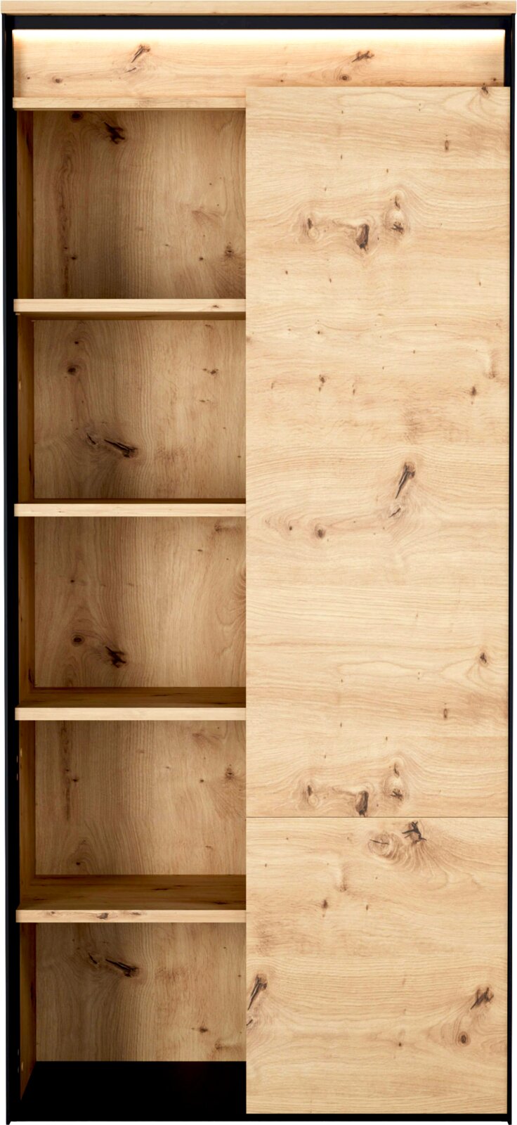 Hoher Schiebetürenschrank in natürlicher Holzoptik mit markanter Maserung, schwarzem Metallrahmen und offenen Regalfächern, frontal dargestellt