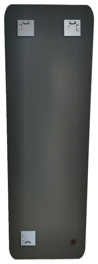 Rückansicht eines rechteckigen Spiegels mit abgerundeten Ecken, ca. 150x40 cm, mit vier Befestigungspunkten.