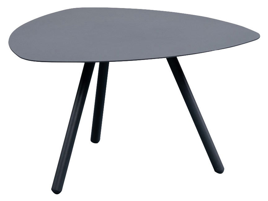 XORA Beistelltisch MIRA Moderner dreibeiniger Beistelltisch in dunklem Grau, aus seitlicher Perspektive fotografiert.