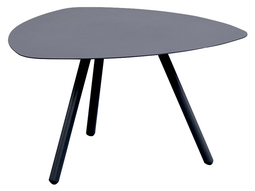 Moderner dreibeiniger Beistelltisch in dunklem Grau, aus seitlicher Perspektive fotografiert.
