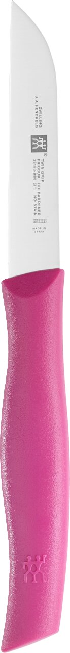 Einzelnes Küchenmesser mit pinkem Griff und silberner Klinge, seitliche Perspektive