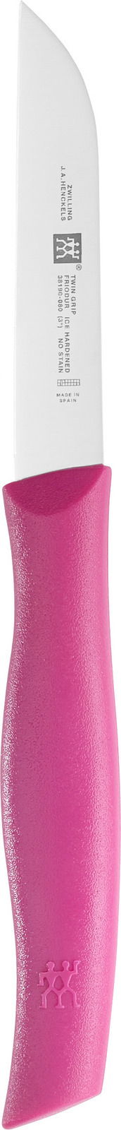 Einzelnes Küchenmesser mit pinkem Griff und silberner Klinge, seitliche Perspektive