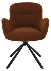 Brauner Armlehnstuhl mit schwarzem Metallgestell, Vorderansicht