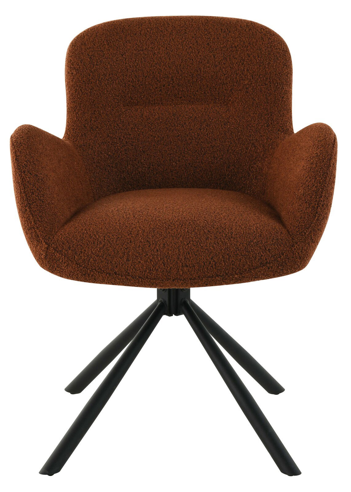 Brauner Armlehnstuhl mit schwarzem Metallgestell, Vorderansicht