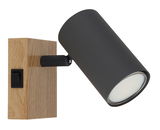 Strahler aus Metall in Graphit mit Holzsockel, seitliche Perspektive