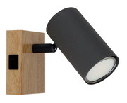 Strahler aus Metall in Graphit mit Holzsockel, seitliche Perspektive