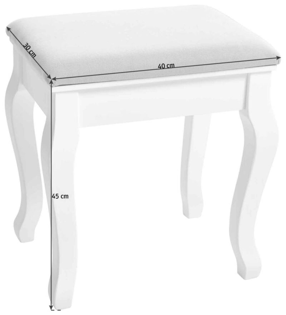Landscape Hocker CLARA Weißer Hocker mit gepolsterter Sitzfläche, Maße 40 cm x 30 cm x 45 cm, seitliche Perspektive