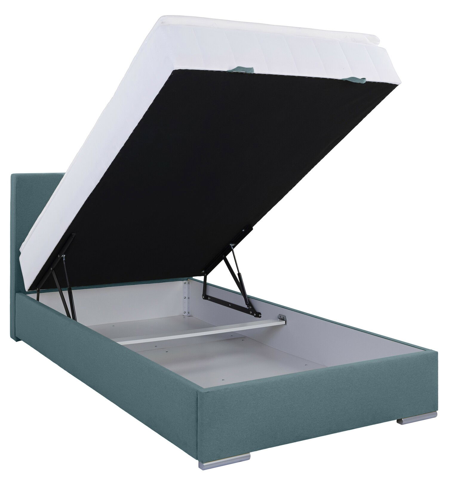 Boxbett 120 mit geöffnetem Stauraum, seitliche Perspektive