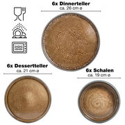 Draufsicht auf ein 18-teiliges Tafelservice in Beige, bestehend aus 6 Dinnertellern (ca. 26 cm Ø), 6 Desserttellern (ca. 21 cm Ø) und 6 Schalen (ca. 19 cm Ø).