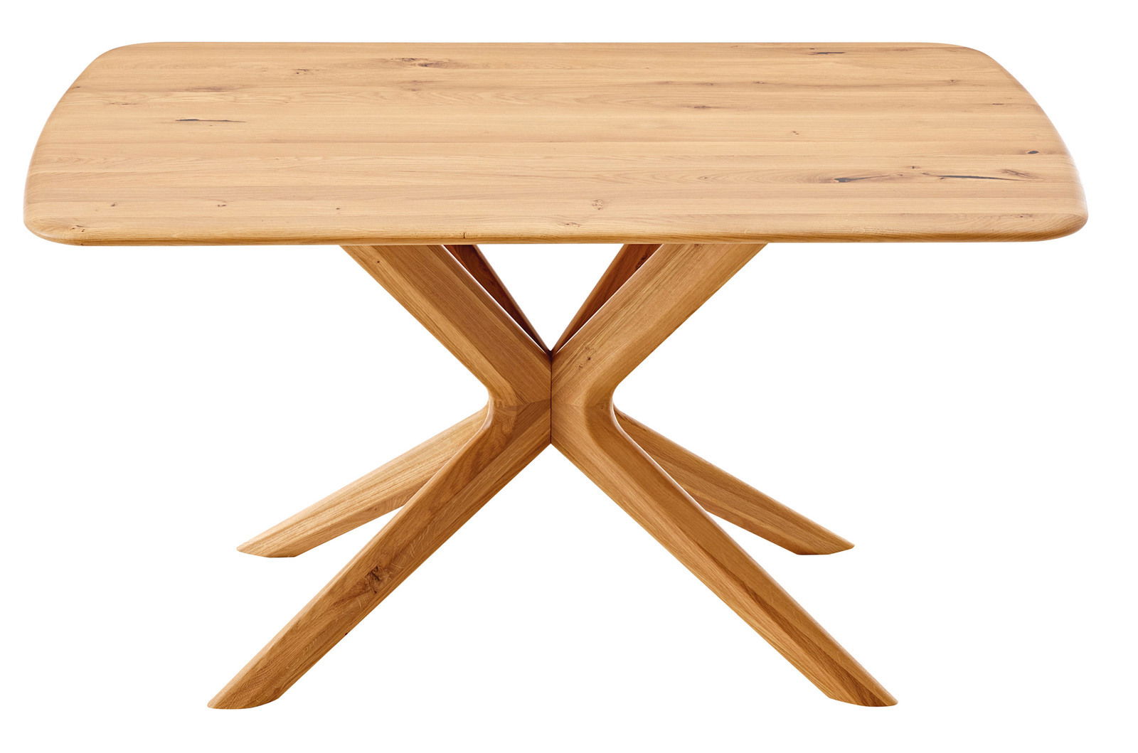 Moderner Esstisch aus Holz mit einzigartigem X-förmigem Gestell, seitliche Perspektive