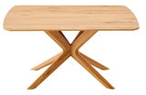 Moderner Esstisch aus Holz mit einzigartigem X-förmigem Gestell, seitliche Perspektive