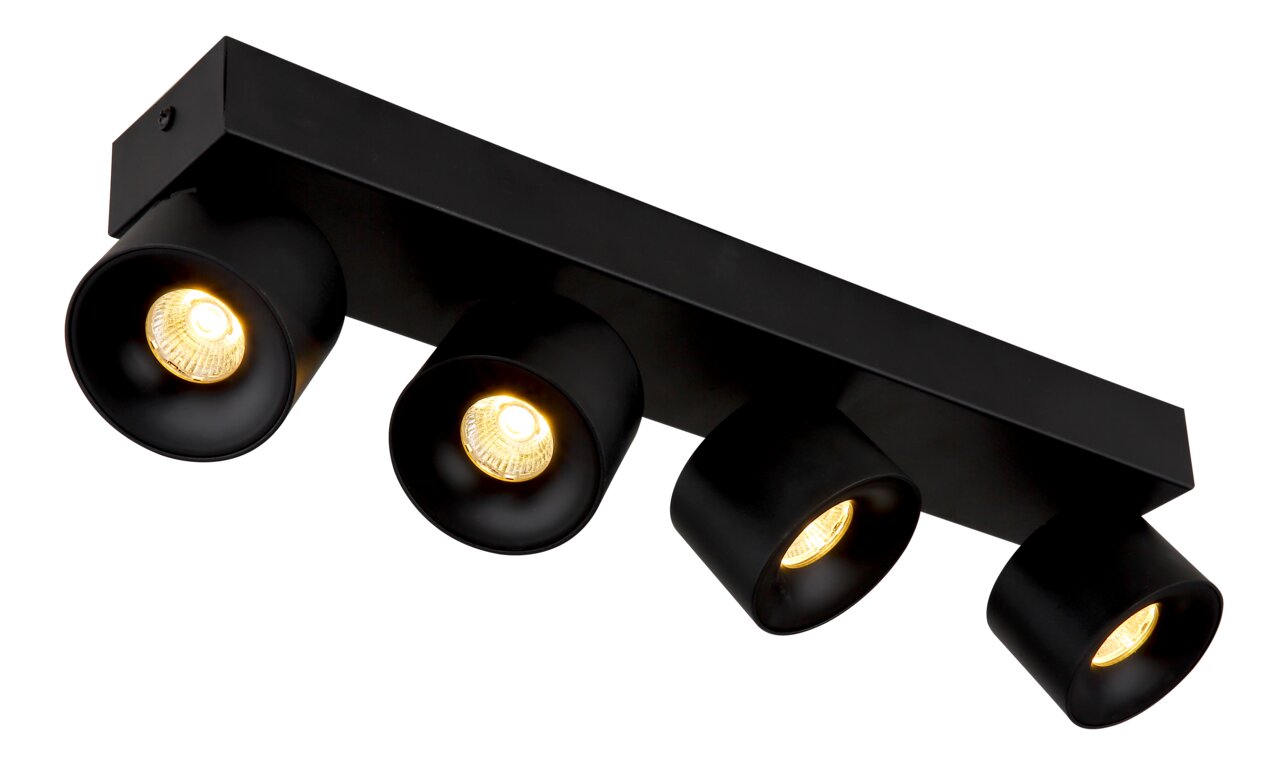 Schwarzer LED Strahler mit vier verstellbaren Leuchten, seitliche Perspektive