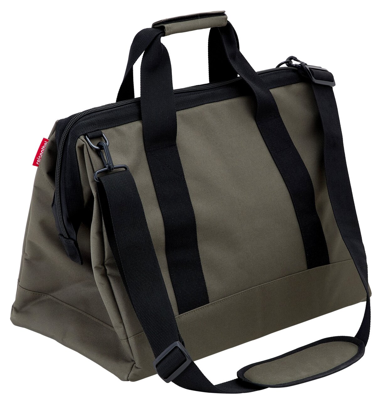 Olivegrüne Reisetasche mit schwarzen Trägern und Schultergurt, seitliche Perspektive