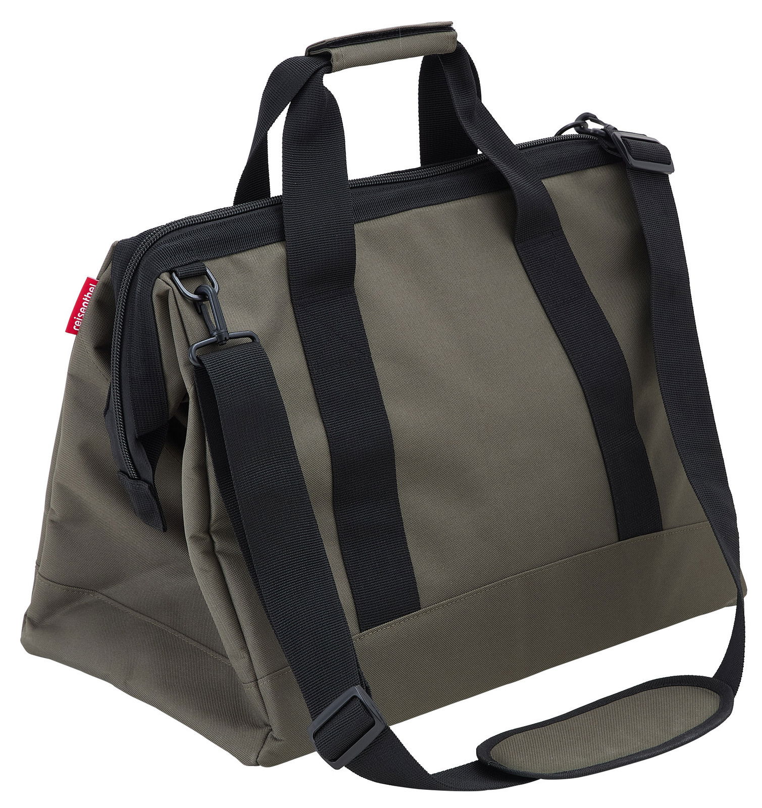 Olivegrüne Reisetasche mit schwarzen Trägern und Schultergurt, seitliche Perspektive