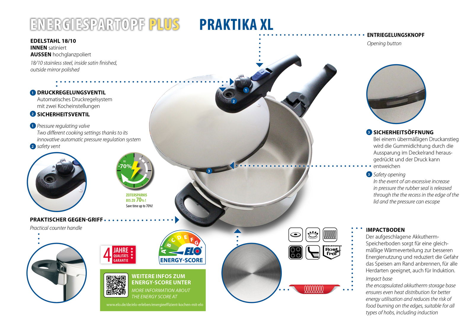 Schnellkochtopf ELO Praktika XL aus Edelstahl mit Druckregelventil, Sicherheitsventil und praktischem Gegengriff, seitliche Perspektive