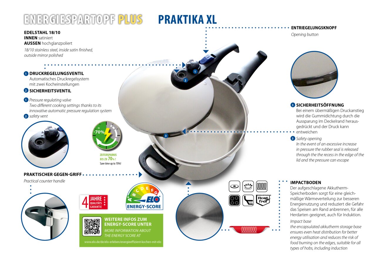 Schnellkochtopf ELO Praktika XL aus Edelstahl mit Druckregelventil, Sicherheitsventil und praktischem Gegengriff, seitliche Perspektive