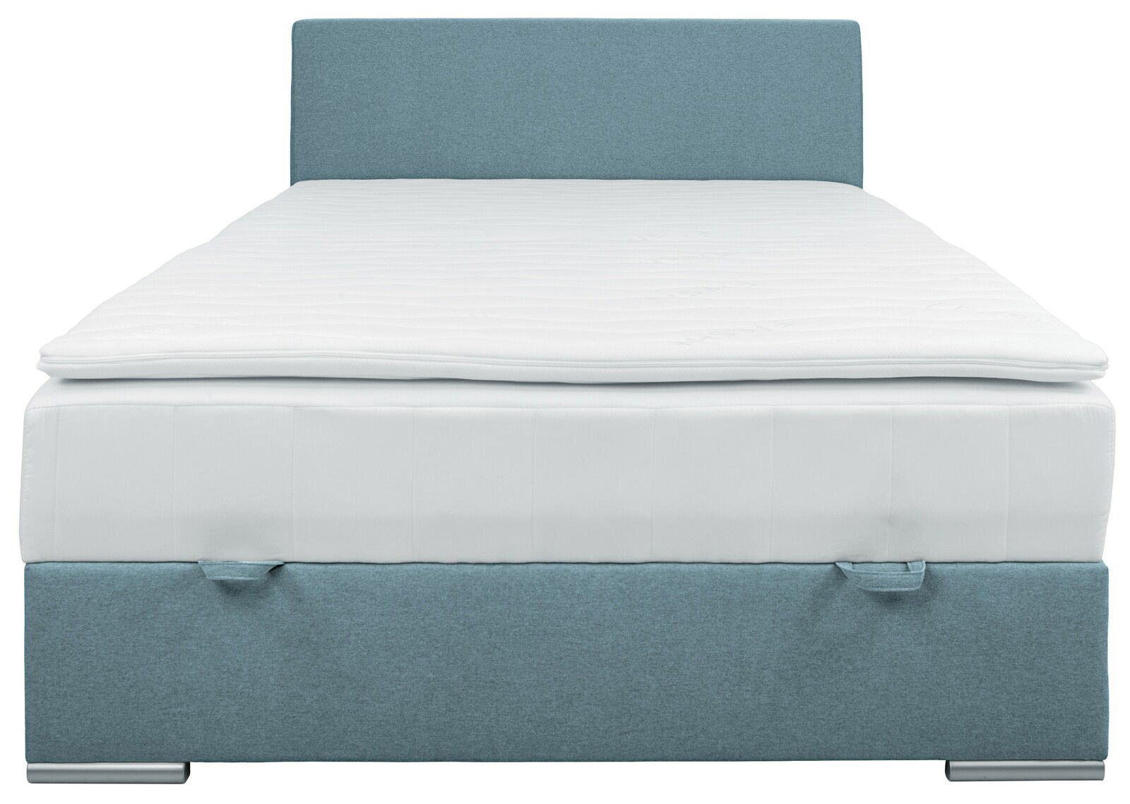 Boxspringbett in Blau mit weißer Matratze, Frontalansicht