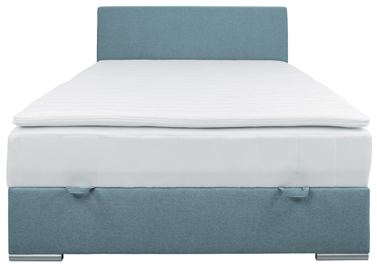 Boxspringbett in Blau mit weißer Matratze, Frontalansicht