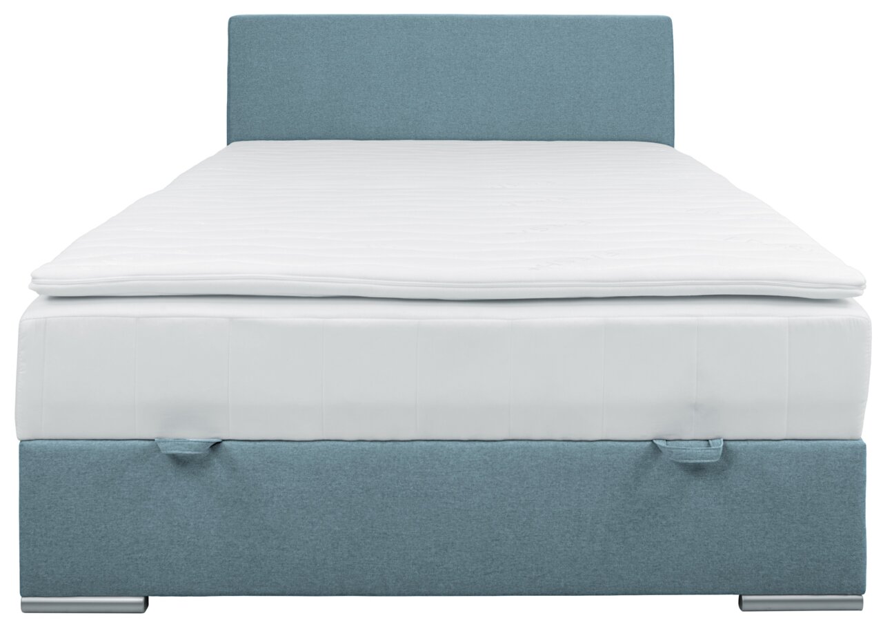Boxspringbett in Blau mit weißer Matratze, Frontalansicht