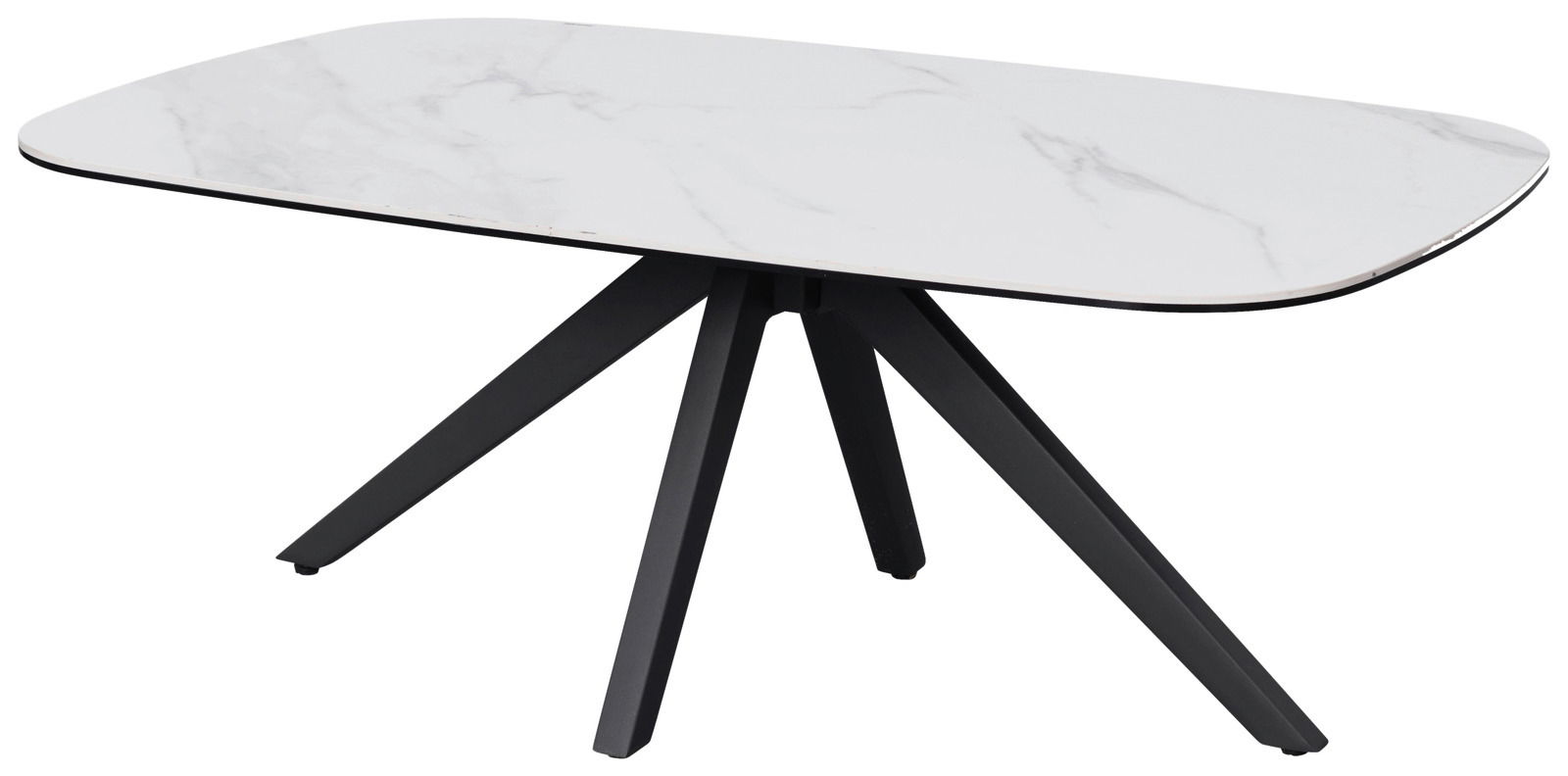 Moderner Couchtisch mit weißer Marmoroptik-Tischplatte und schwarzen Metallbeinen, seitliche Perspektive