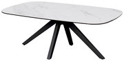 Moderner Couchtisch mit weißer Marmoroptik-Tischplatte und schwarzen Metallbeinen, seitliche Perspektive