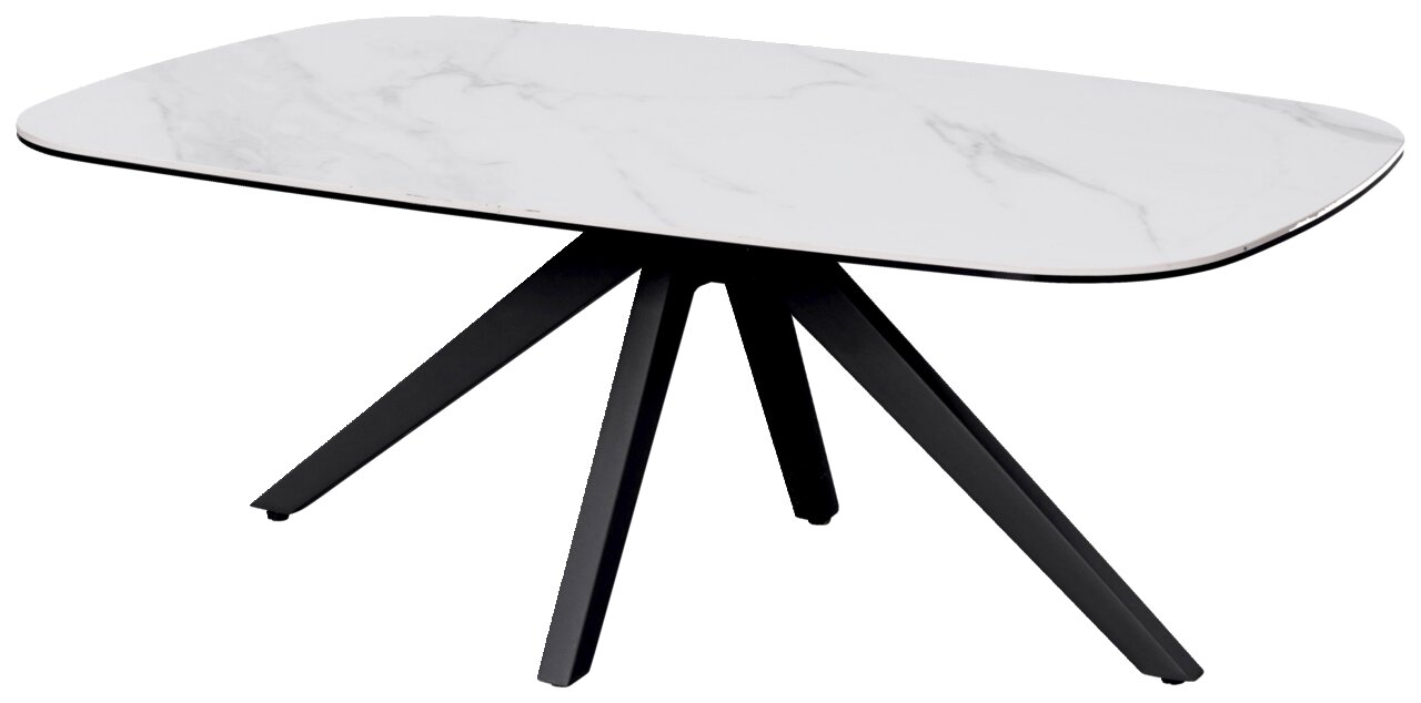 Moderner Couchtisch mit weißer Marmoroptik-Tischplatte und schwarzen Metallbeinen, seitliche Perspektive
