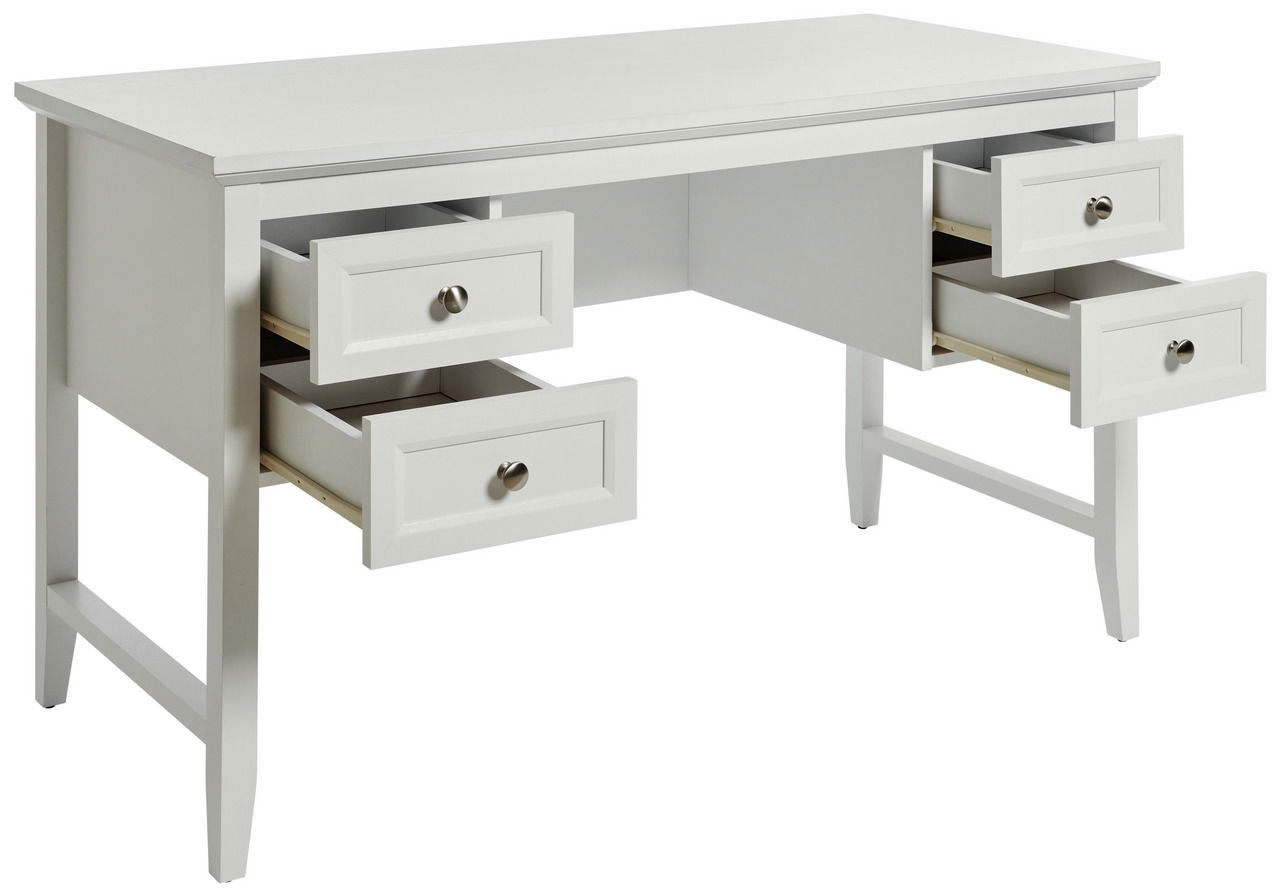 Weißer Schreibtisch mit vier geöffneten Schubladen, seitliche Perspektive