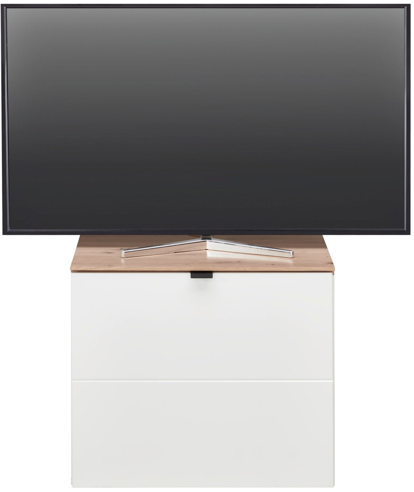 Frontansicht eines modernen TV-Lowboards mit Holzoberfläche und weißem Korpus, darauf steht ein Flachbildfernseher.